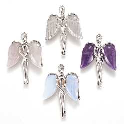 Mixed Stone Natural & Synthetic Mixed Stone Pendants, with Brass Findings, Angel, Platinum, 34x23x8mm, Hole: 3x5mm
