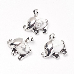 Howlite Natural Howlite Pendants, with Brass Findings, Elephant, Platinum, 22.5x27x8mm, Hole: 5x8mm