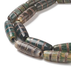 Striped Pattern Тибетский стиль полосатый узор бусины дзи пряди, природных бисера агат, окрашенная и подогревом, овальная / продолговато, темно-зеленый, 31~33x12~12.5 мм, отверстие : 2~2.5 мм, около 10 шт / нитка, 14.5 дюйм (37 см)