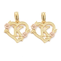 Letter K Real 18K Gold Plated Brass  Pendants, Heart with Alphabet, Letter.K, 18x20x3mm, Hole: 6.5x3mm