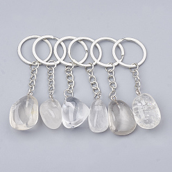 Cristal de Quartz Porte-clés en cristal de quartz naturel, avec les accessoires en fer, pépite, platine, 85~100mm, pendentif: 25~40x14~25x11~18 mm, anneau: 27~28x2 mm