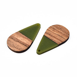 Olive Opaque Resin & Walnut Wood Pendants, Teardrop Shape Charm, Olive, 38x22x3mm, Hole: 2mm