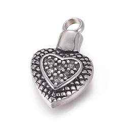 Antique Silver Retro 304 Stainless Steel Pendants, with Rhinestone, Perfume Bottle, Heart, Antique Silver, 27x16x6.5mm, Hole: 4mm