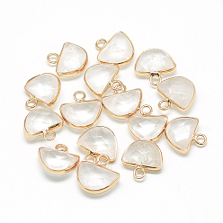 Quartz Crystal Natural Quartz Crystal Semi Circle Pendants, Rock Crystal, with Brass Findings, Faceted, Half Round, Golden, Clear, 13.5~14.5x13~14x5.5mm, Hole: 2mm
