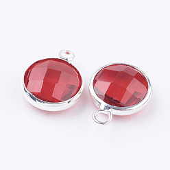 Red Silver Tone Brass Glass Flat Round Charms, Faceted, Red, 12x8.5x3mm, Hole: 1.5mm