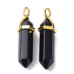 Obsidian Natural Obsidian Pointed Pendants, with Random Brass Pendant Hexagon Bead Cap Bails, Golden, Bullet, 38.5~40x12~12.5x10~11mm, Hole: 3x4.5mm