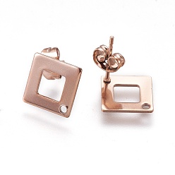 Rose Gold Ion Plating(IP) 304 Stainless Steel Stud Earring Findings, Square/Rhombus, Rose Gold, 13.5x13.5x0.8mm, Hole: 1mm, Pin: 0.7mm