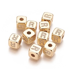 Letter R Brass Micro Pave Cubic Zirconia Beads, Horizontal Hole, Real 18K Gold Plated, Long-Lasting Plated, Cube with Letter, Clear, Letter.R, 9x9x9mm, Hole: 3.5mm