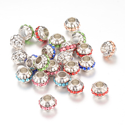 Mixed Color Rhinestone European Beads, Large Hole Beads, with CCB Plastic Findings, Rondelle, Mixed Color, 10x8mm, Hole: 5mm