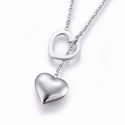 Stainless Steel Color 304 Stainless Steel Lariat Necklaces, with Lobster Claw Clasps, Heart, Stainless Steel Color, 17.3 inch(44cm), 1.5mm
