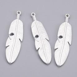 Silver Tibetan Style Alloy Feather Big Pendants, Lead Free & Cadmium Free, Silver, 61x15x3mm, Hole: 2mm