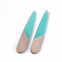 Turquoise Pendentifs en bois de résine et de noyer, larme, turquoise, 44x7.5x3mm, Trou: 1.2mm