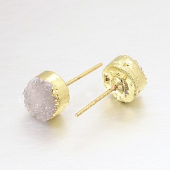 Mixed Color Natural Druzy Agate Stud Earrings, with Golden Plated Brass Findings, Flat Round, Mixed Color, 7~8x5~8mm, Pin: 0.8mm