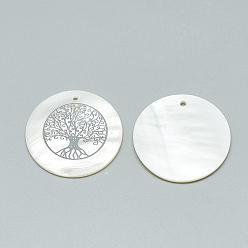 Platinum Freshwater Shell Pendants, Covered with Iron Findings, Flat Round with Mixed Shape Pattern, Platinum, 30~31x2~3mm, Hole: 1.8mm