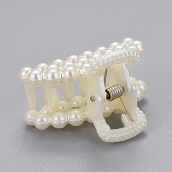 White Plastic Claw Hair Clips, with ABS Plastic Imitation Pearl Beads and Iron Findings, White, 27x40x26mm