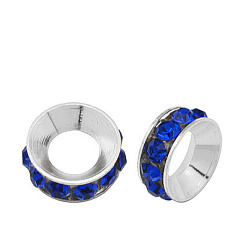 Sapphire Brass Rhinestone Spacer Beads, Grade A, Rondelle, Silver Color Plated, Sapphire, 10x4.2mm, Hole: 5.2~5.7mm