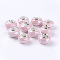 Pink Handmade Porcelain European Beads, with Silver Color Brass Double Cores, Rondelle, Pink, 15x10~11mm, Hole: 5mm