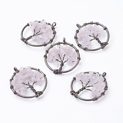 Rose Quartz Natural Rose Quartz Pendants, with Brass Findings, Red Copper, Flat Round with Tree of Life, 29x5~7mm, Hole: 4.5mm