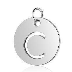 Letter C 304 Stainless Steel Charms, Flat Round with Letter, Stainless Steel Color, Letter.C, 12x1mm, Hole: 2.5mm