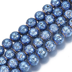 Blue Electroplated Natural Lava Rock Beads Strands, Round, Bumpy, Blue, 8.5mm, Hole: 1mm, about 47pcs/Strand, 15.35 inch(39cm)