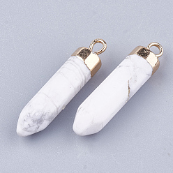 Howlite Electroplate Natural Howlite Pointed Pendants, with Iron Findings, Bullet, Golden, 24~25x5.5~6x5.5~6mm, Hole: 1.6mm