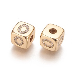 Letter O Brass Micro Pave Cubic Zirconia Beads, Horizontal Hole, Real 18K Gold Plated, Long-Lasting Plated, Cube with Letter, Clear, Letter.O, 9x9x9mm, Hole: 3.5mm