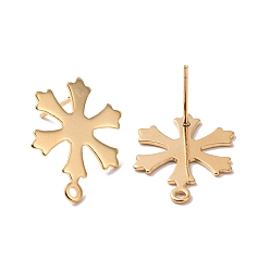 Real 24K Gold Plated 201 Stainless Steel Stud Earring Findings, with Horizontal Loop and 316 Stainless Steel Pin, Snowflakes, Real 24K Gold Plated, 19x14.5mm, Hole: 1.2mm, Pin: 0.7mm