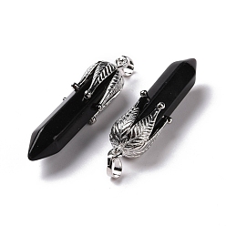 Obsidienne Gros pendentifs en obsidienne naturelles, avec les accessoires en laiton de tonalité de platine, sans cadmium et sans plomb, balle avec feuille, 53.5~57x14~15x14~15mm, Trou: 7x4mm