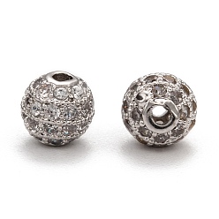 Platinum Brass Cubic Zirconia Beads, Round, Platinum, 6mm, Hole: 1.5mm