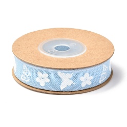 Light Sky Blue Cotton Ribbon, Wired Ribbon, Flower with Butterfly Pattern, for Gifts Wrapping Party, Light Sky Blue, 5/8 inch(17mm), about 5.4yards(5m)/roll