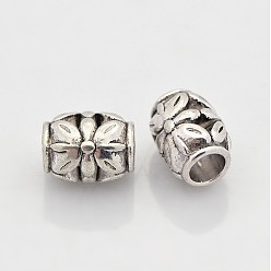 Antique Silver Tibetan Style Alloy Beads, Cadmium Free & Lead Free, Barrel with Flower, Antique Silver, 8.5x10.5mm, Hole: 4.5mm