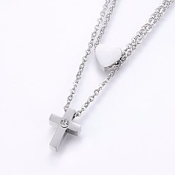 Stainless Steel Color 304 Stainless Steel Jewelry Sets, Stud Earrings and Pendant Tiered Necklaces, with Rhinestone, Cross and Heart, Stainless Steel Color, Necklace: 18.1 inch(46cm), 1.5mm, Stud Earrings: 7x8x1.2mm, Pin: 0.8mm