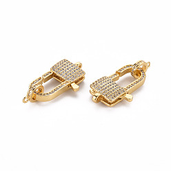 Real 16K Gold Plated Brass Micro Pave Clear Cubic Zirconia Lobster Claw Clasps,  Cadmium Free & Nickel Free & Lead Free, Rectangle, Real 16K Gold Plated, 26.5x14.5x5.5mm, Hole: 1.5x2mm, Tube Bails, 10x7.5x2mm, hole: 1.4mm