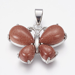 Mixed Stone Natural & Synthetic Mixed Stone Pendants, Butterfly, with Brass Finding, Platinum, 24x30x7.5mm, Hole: 4x7.5mm
