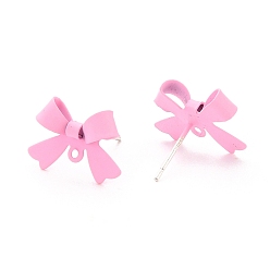 Pearl Pink Alloy Stud Earring Findings, with 925 Sterling Silver Pins and Loop, Bowknot, Pearl Pink, 11x15x4mm, Hole: 1.2mm, Pin: 0.7mm