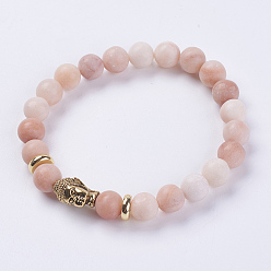 Aventurine Natural Pink Aventurine Beads Stretch Bracelets, with Alloy Finding, Frosted, Buddha's Head, Antique Golden, 2-1/8 inch(55mm)