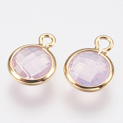 Misty Rose Glass Charms, with Brass Findings, Faceted Flat Round, Real 18K Gold Plated, Misty Rose, 9.5x7x3mm, Hole: 1.2mm