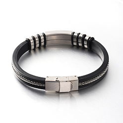 Black Leather Bracelets, with 304 Stainless Steel Findings and Clasps, Stainless Steel Color, Black, 210x9mm