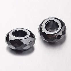 Original Color Non-magnetic Synthetic Hematite European Beads, Faceted, Large Hole Rondelle Beads, Original Color, 14x6mm, Hole: 6mm