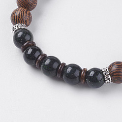Green Goldstone Natural Lava Rock & Wenge Wood Beads & Coconut Stretch Bracelets, with Synthetic Green Goldstone and Alloy Findings, 2 inch(5~5.2cm)