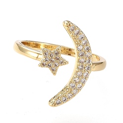 Real 18K Gold Plated Brass Micro Pave Clear Cubic Zirconia Cuff Rings, Open Rings, Long-Lasting Plated, Star with Moon, Real 18K Gold Plated, Size 7, Inner Diameter: 17mm