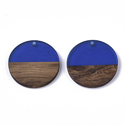 Blue Transparent Resin & Walnut Wood Pendants, Flat Round, Blue, 28.5x3.5~4mm, Hole: 1.5mm