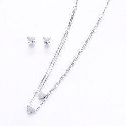 Couleur Acier Inoxydable 304 définit bijoux en acier inoxydable, boucles d'oreille et colliers à plusieurs niveaux, cœur, couleur inox, collier: 18.1 pouces (46 cm), 1.5mm, boucles d'oreille: 7x8x1.2mm, pin: 0.8 mm
