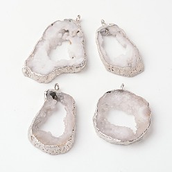 Silver Natural Geode Agate Druzy Slice Pendants, Nuggets, with Brass Findings, Silver, 18~48x28~70x6~9mm, Hole: 2mm