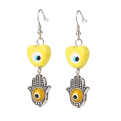 Mixed Color Lampwork Evil Eye with Hamsa Hand Dangle Earrings, Alloy Jewelry for Women, Mixed Color, 61mm, Pin: 0.7mm
