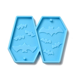 Deep Sky Blue DIY Coffin with Bat Pendant Silicone Molds, Resin Casting Molds, for UV Resin & Epoxy Resin Jewelry Making, Halloween Theme, Deep Sky Blue, 48x62x4mm, Hole: 2mm, Inner Diameter: 45x29mm