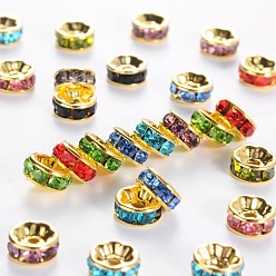 Mixed Color Brass Grade A Rhinestone Spacer Beads, Golden Plated, Rondelle, Nickel Free, Mixed Color, 8x3.8mm, Hole: 1.5mm