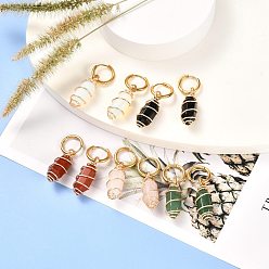 Mixed Stone Copper Wire Wrapped Natural & Synthetic Gemstone Dangle Earrings for Women, 304 Stainless Steel Huggie Hoop Earrings, 39mm, Pin: 1mm