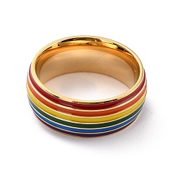 Golden Rainbow Pride Finger Ring, Stripe Grooved Flat Titanium Steel Finger Ring for Women, Golden, US Size 7(17.3mm)