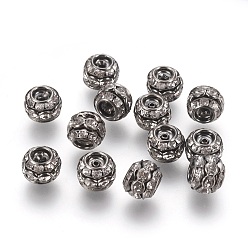 Gunmetal Brass Rhinestone Beads, Grade A, Gunmetal Color, Clear, Barrel, about 10mm in diameter, 9mm long, hole: 1.5mm